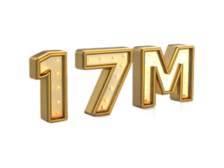 Golden 17 million number with m letter isolated on transparent background