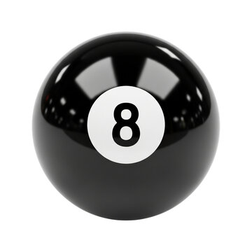 Classic black eight ball from pool set reflecting light on a smooth surface transparent background