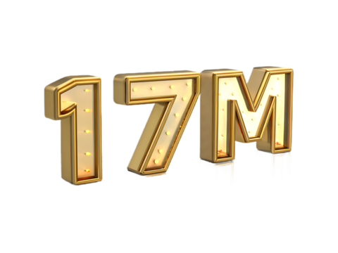 Golden 17 million number with m letter isolated on transparent background
