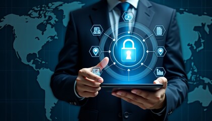 Businessman interacting with digital security interface on tablet against world map background