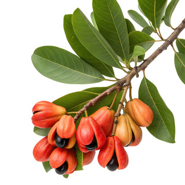 Closeup of ackee fruit on a branch, isolated on transparent background