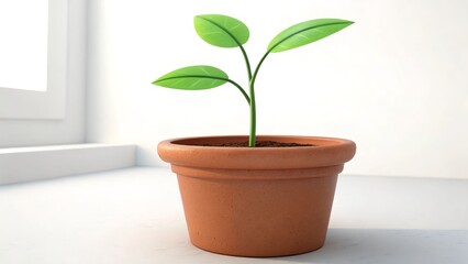 Obraz premium Small plant growing in a terracotta pot on a window sill indoors