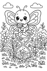 A charming butterfly fairy sits atop an hourglass amidst whimsical flowers