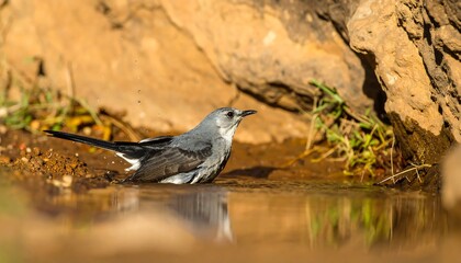 Obraz premium A gray bird bathes in a shallow pool near rocks, its reflection clearly visible in the still water.