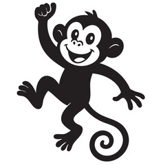 Obraz premium Playful Monkey Cartoon Silhouette with Raised Hand and Smiling Face on a White Background black
