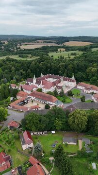 Aerial drone view of St. Marienthal Abbey, Ostritz, Germany