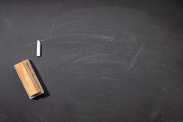 Blank blackboard or chalkboard with eraser and chalk for background