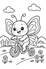 Adorable butterfly character riding a tricycle in a whimsical landscape scene