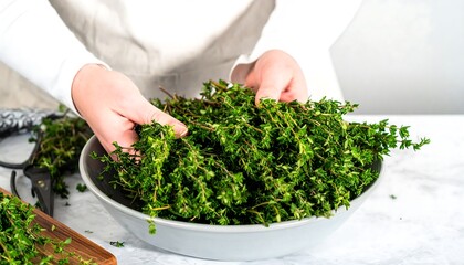 Fresh thyme sprigs are gently handled and placed in a gray bowl on a light surface.