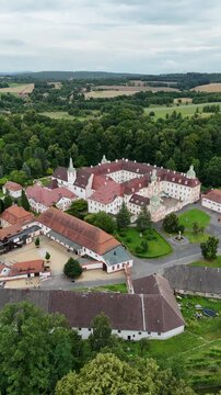 Aerial drone view of St. Marienthal Abbey, Ostritz, Germany