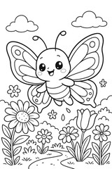 Adorable butterfly flying over a field of flowers in a charming garden scene