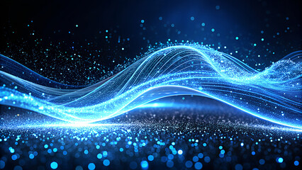 Abstract glowing blue digital wave of light particles and data streams flowing through a dark futuristic technological network background