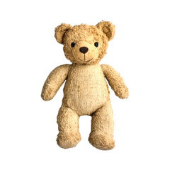 A classic light brown teddy bear with stitched features stands upright isolated on a transparent background isolated on transparent background