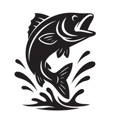 Black and White Graphic Illustration of a Fish Jumping Out of the Water stylized black