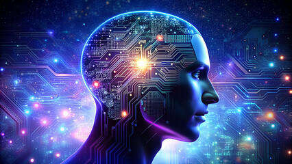 Abstract representation of artificial intelligence and neural networks within a human head silhouette glowing with vibrant blue and purple digital circuits and lights