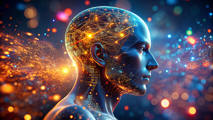 Futuristic humanoid head with glowing neural network and data streams against a bokeh background representing artificial intelligence and digital consciousness