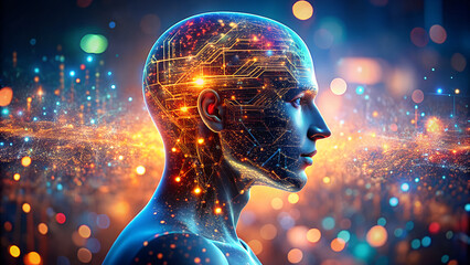 Abstract representation of a human head with glowing circuits and data streams symbolizing artificial intelligence and digital consciousness in a vibrant futuristic cityscape