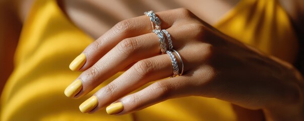 A woman's hand adorned with multiple silver rings and matching yellow manicure, posed against a yellow dress.