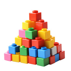 A colorful pyramid of building blocks stacked high on a transparent background for creative play isolated on transparent background