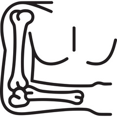 Vector art of line art icon of the human elbow joint, showing humerus, radius, and ulna bones, symbolizing anatomy and healthcare