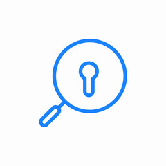 magnifying glass with a keyhole silhouette inside search for a key access solution icon sign vector