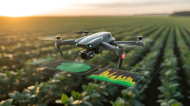 A drone surveying a vast green field.