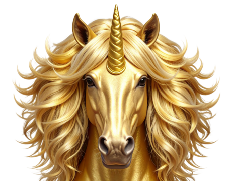 Front View Golden Unicorn Head with Sparkling Horn, Isolated on Transparent Background.