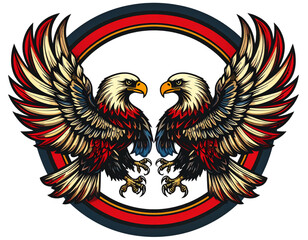 Obraz premium Two Eagles in Symmetrical Heraldic Pose with Wings Outstretched