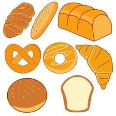 Bread and Bakery Clipart Set – Vector Illustration of Loaf, Croissant, Pretzel, Bun, and Donut