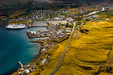 Drone View of Sey&eth;isfj&ouml;r&eth;ur Village and Fjord
