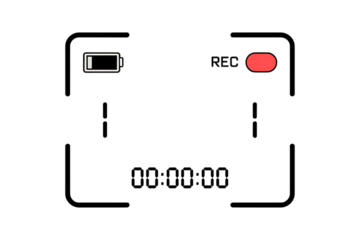 Camera frame with battery indicator, record button, and timestamp overlayed on a White background on transparent background