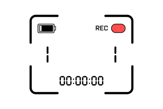 Camera frame with battery indicator, record button, and timestamp overlayed on a White background on transparent background