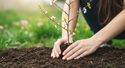 Woman's Hands Planting a Young Tree Sapling in a Spring Garden