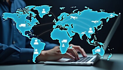 Global logistics network visualization with transportation icons world map shipping