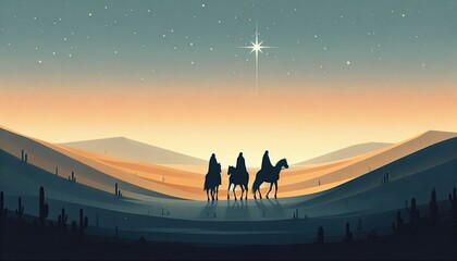 Fototapeta premium Three wise men christmas nativity scene illustration desert star of bethlehem art
