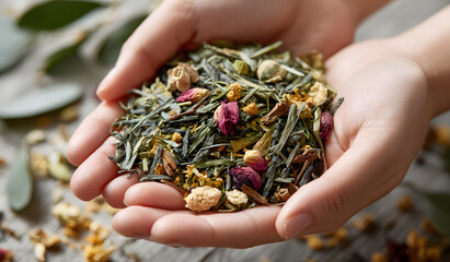 Female hands holding assorted herbal tea blend