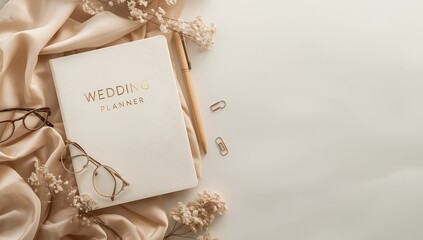 Wedding planner notebook with glasses, pen, rings and flowers on silk fabric, flat lay composition, elegant and aesthetic style on white background