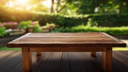 Rustic Wooden Tabletop in Garden Setting Bokeh Background, Square Composition, Summer Concept, Nature Scene Keywords Wooden Table, Garden Background