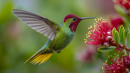 Fototapeta premium A vivid hummingbird feeds on nectar from a flower in a garden — close macro shot of a pollinator in flight with saturated natural colors.