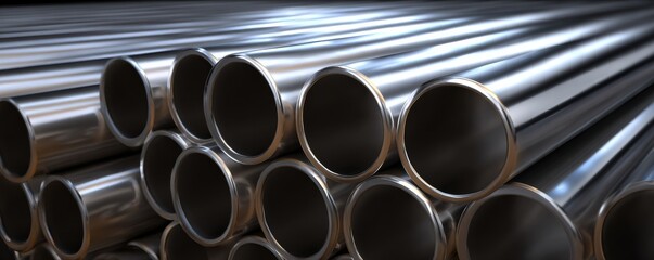 Stack of Shiny Metal Pipes Close-up Composition, Industrial Concept, 3D Render, Steel Tubes Metal pipes, industrial materials