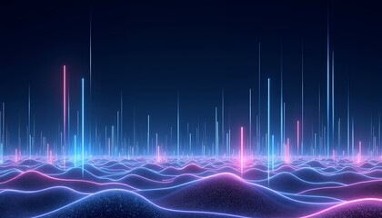 Glowing neon lines rise from undulating terrain abstract digital