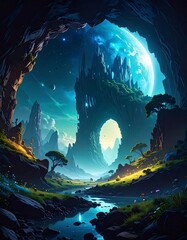Fantasy landscape within a cavern, with a castle-like structure