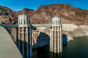 Hoover Dam and surrounding infrastructure on the Colorado River between Arizona and Nevada