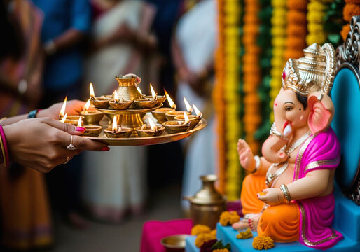 Devotee offers aarti with lit diyas to lord ganesha idol during festival celebration isolated on white background isolated on transparent background silhouette
