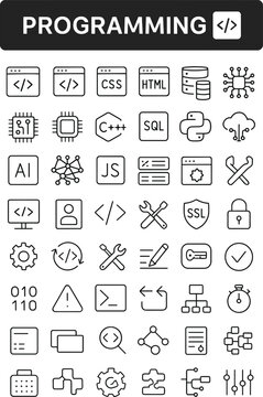 Programming and coding icon set with HTML, CSS, JavaScript, Python, C++, SQL, AI, database, code, tools, terminal, and security.