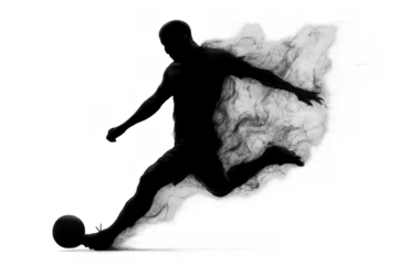 Soccer player silhouette kicking ball with smoke effect on transparent background