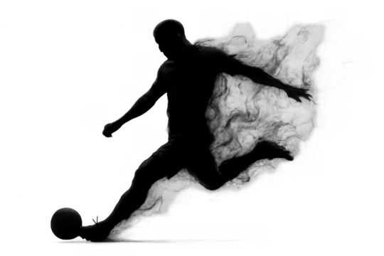 Soccer player silhouette kicking ball with smoke effect on transparent background
