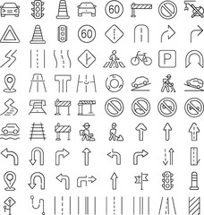 Naklejka premium Road signs and traffic symbols icon set with cars, arrows, traffic lights, barriers, pedestrians, parking, speed limit, and construction.