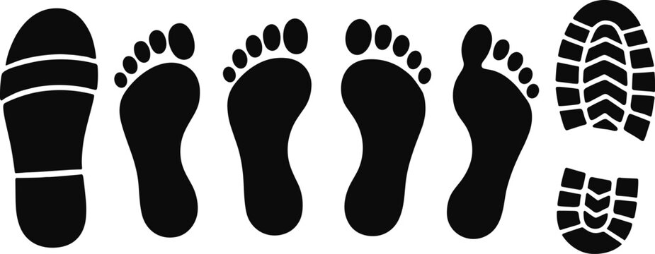 Footprints and shoe prints icon set with barefoot, sandal sole, boot shoeprint, walking steps, and human foot silhouettes.