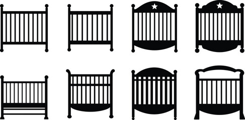 Baby crib silhouette vector set, nursery bed, infant cot, wooden cradle, childcare furniture, bedroom design, newborn sleep, and safety.